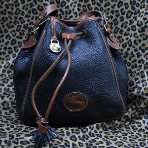 Vintage Dooney & Bourke All Weather Leather Drawstring Bucket Bag Navy w Cognac